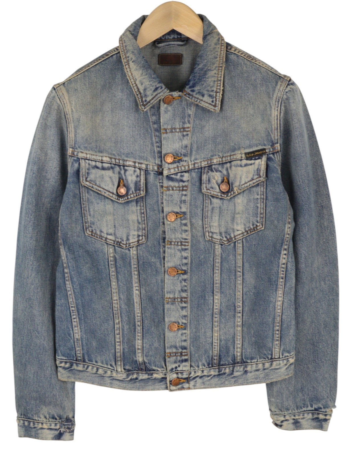 NUDIE JEANS Billy Men Jacket M Shimmering Indigo Faded Ripped Distress Logo