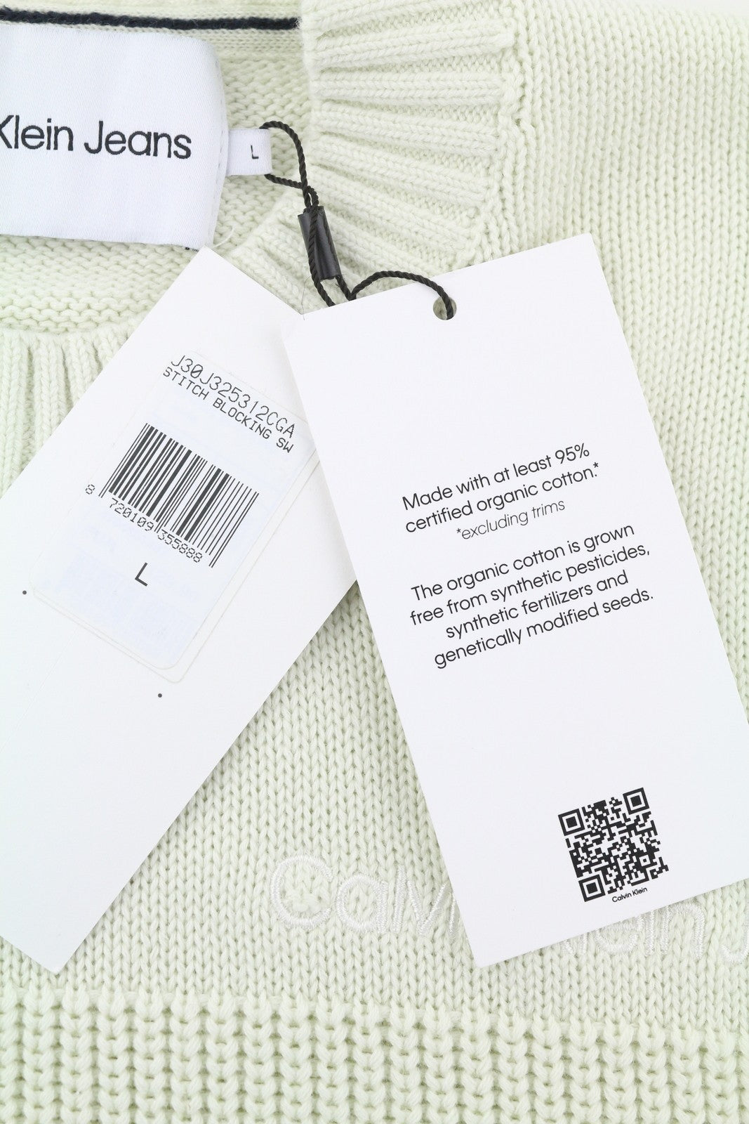 CALVIN KLEIN Stitch Blocking vyriškas megztinis L dydžio, su baltu dryžuotu megztiniu užsegimu. 