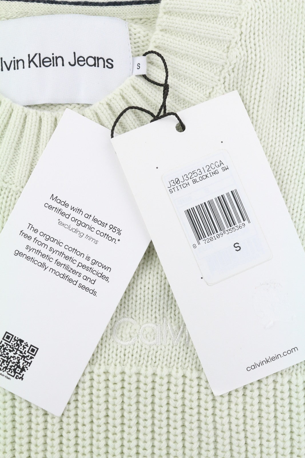 CALVIN KLEIN Stitch Blocking vyriškas megztinis S dydžio, su baltu dryžuotu megztiniu užsegimu. 