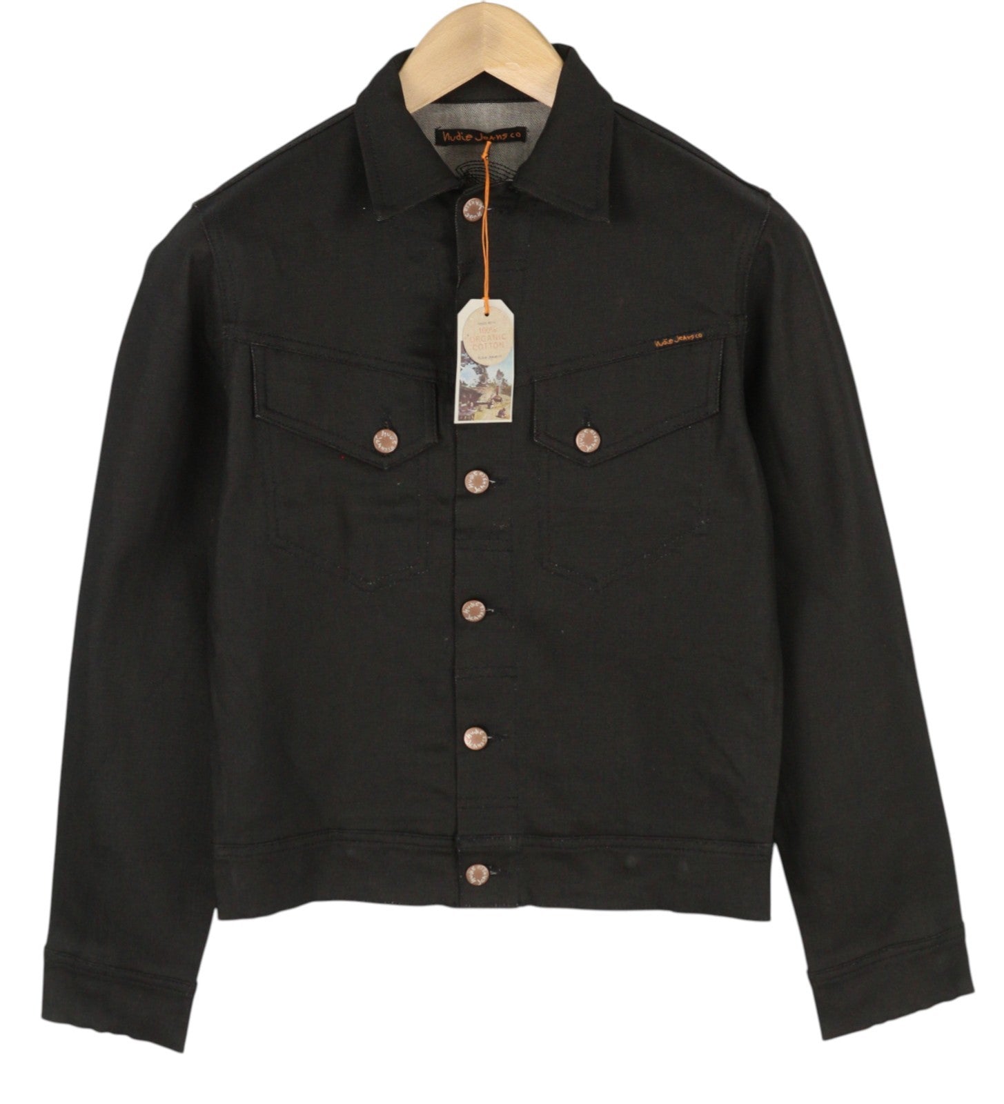 NUDIE JEANS Conny Stretch vyriška striukė XS, juoda, dengta sagomis, džinsinė unisex 