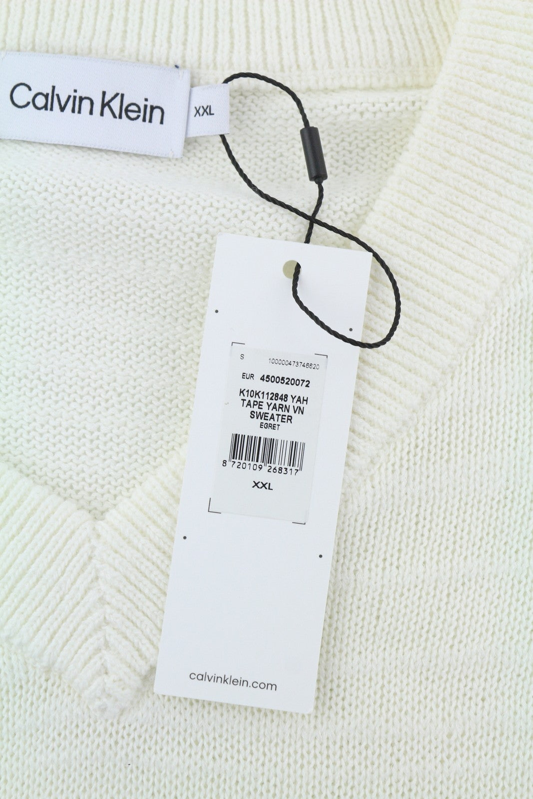 CALVIN KLEIN Tape Yarn Vn vyriškas megztinis su V formos iškirpte, baltas, tekstūruotas, megztinis 