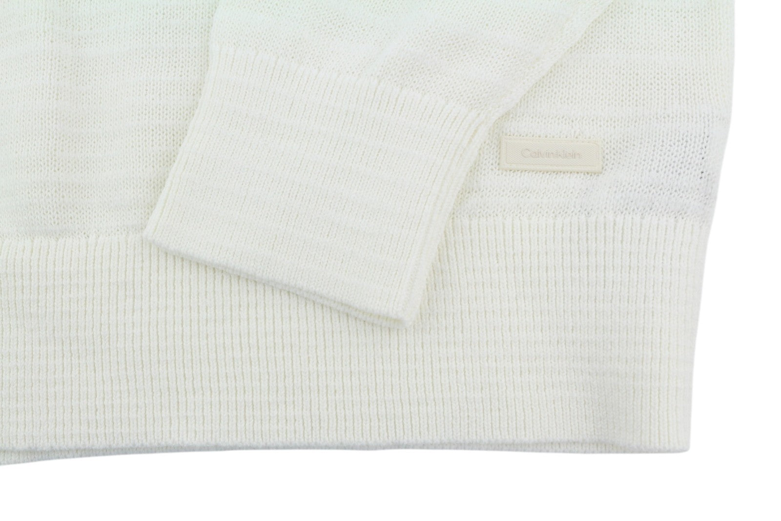 CALVIN KLEIN Tape Yarn Vn vyriškas megztinis XS, baltas tekstūruotas megztinis su V formos iškirpte 