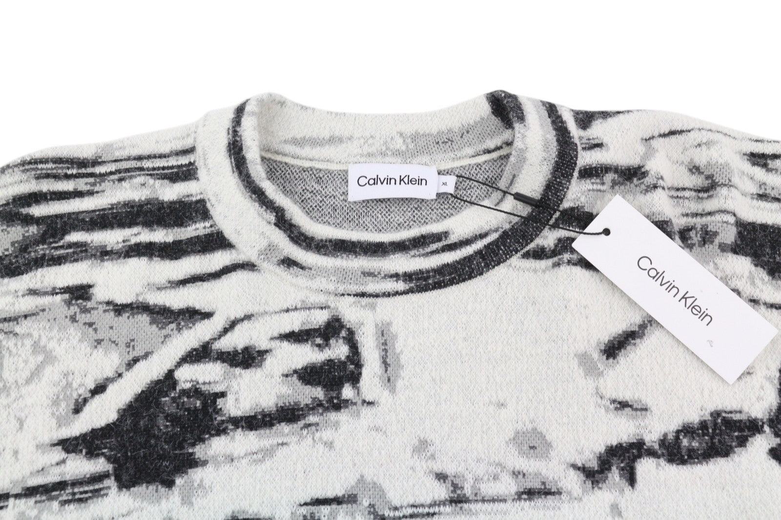 CALVIN KLEIN abstraktus žakardo vyriškas megztinis XL dydžio pilkas vilnos ir alpakų mišinio megztinis 