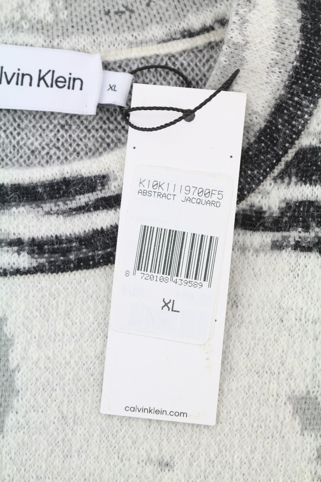 CALVIN KLEIN abstraktus žakardo vyriškas megztinis XL dydžio pilkas vilnos ir alpakų mišinio megztinis 