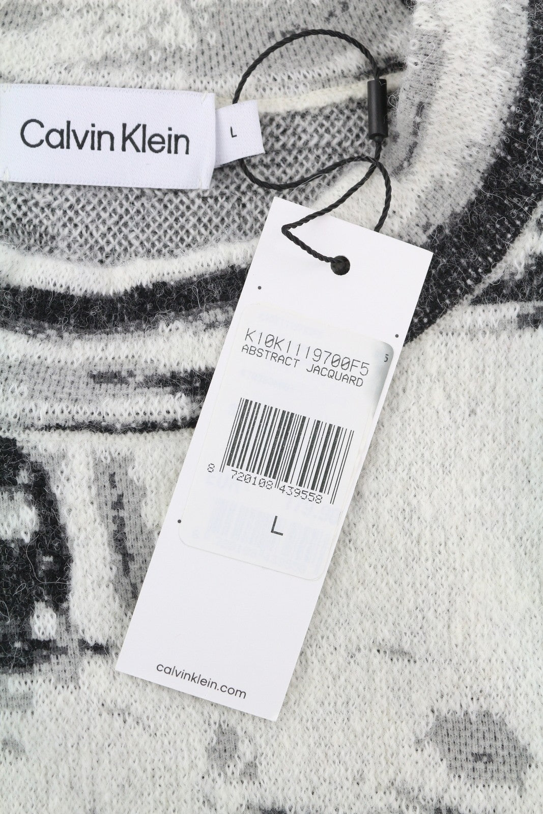 CALVIN KLEIN Abstract Jacquard vyriškas megztinis L dydžio pilkas vilnos ir alpakų mišinio megztinis 