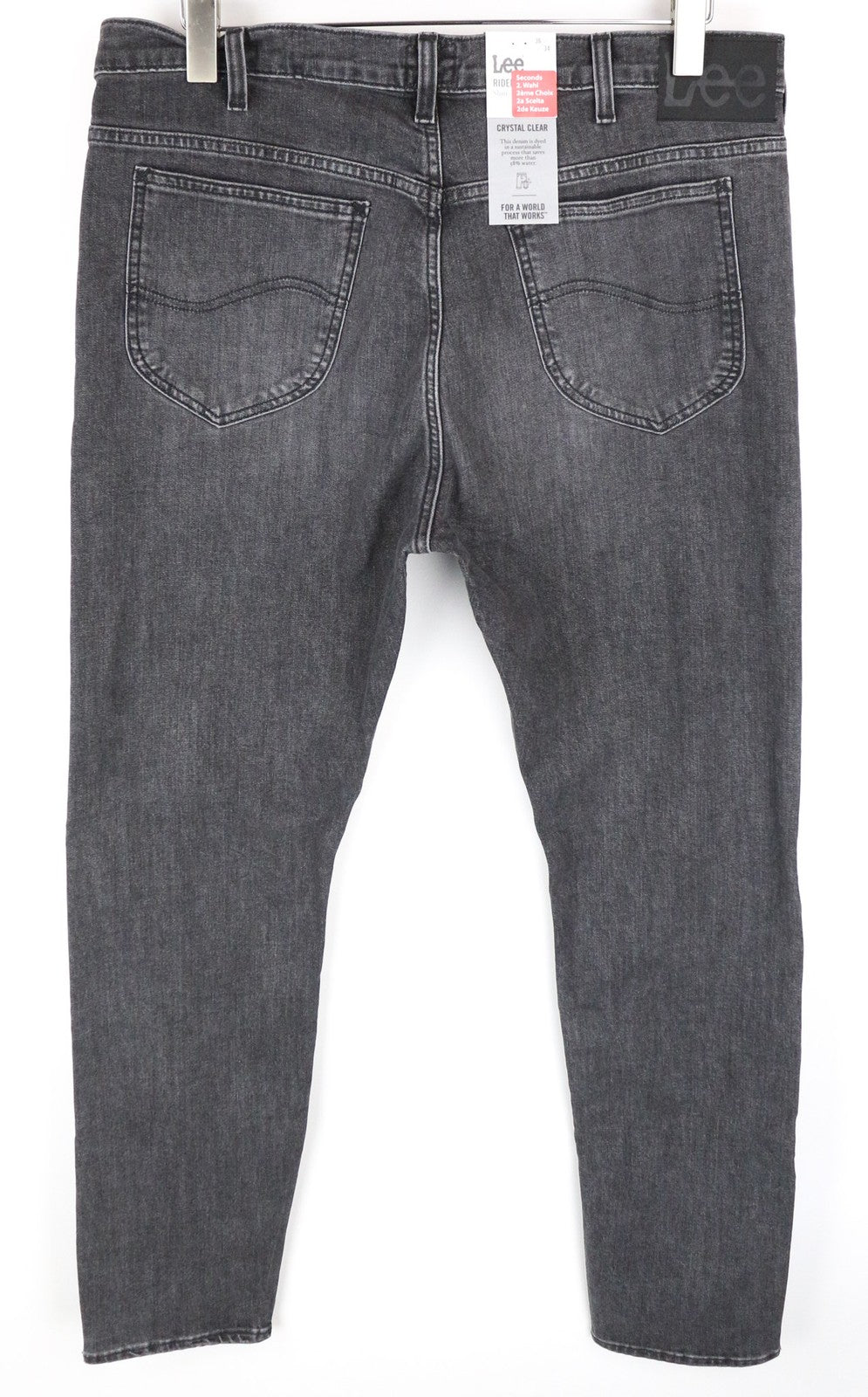 LEE Rider vyriški džinsai W38/L32 Slim Fit, išblukintos pilkos medvilnės tamprės su 5 kišenėmis 