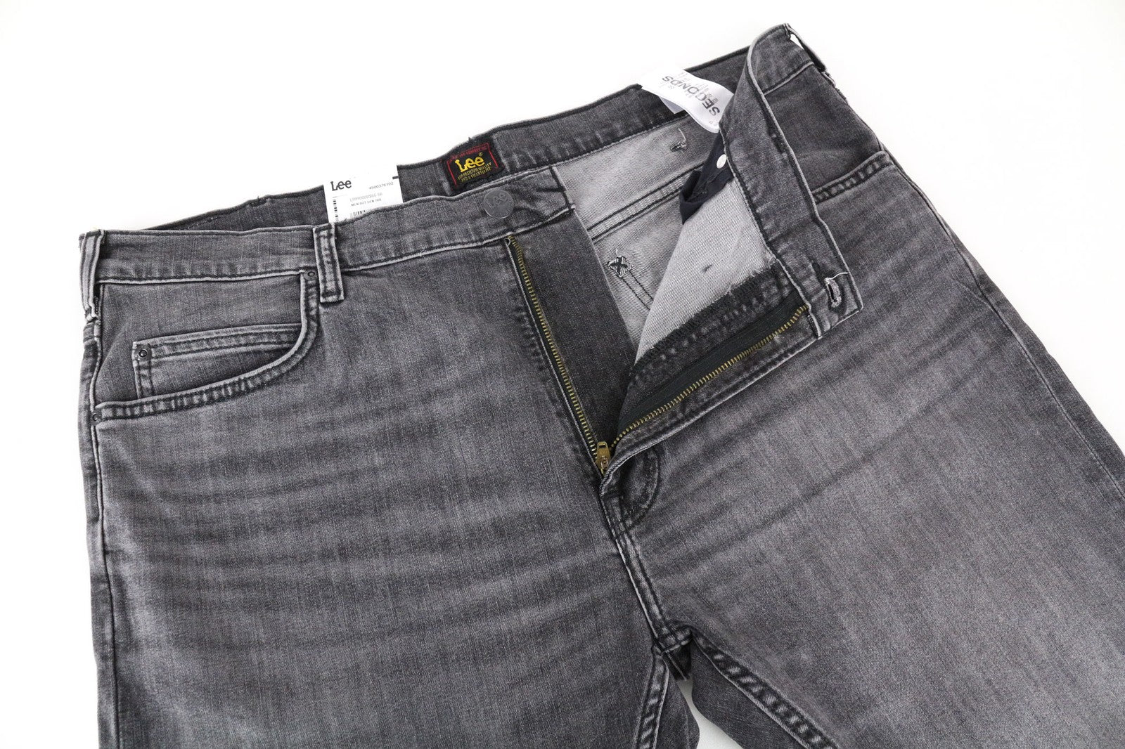 LEE Rider vyriški džinsai W38/L32 Slim Fit, išblukintos pilkos medvilnės tamprės su 5 kišenėmis 