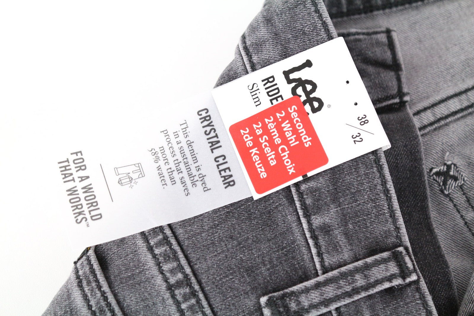 LEE Rider vyriški džinsai W38/L32 Slim Fit, išblukintos pilkos medvilnės tamprės su 5 kišenėmis 