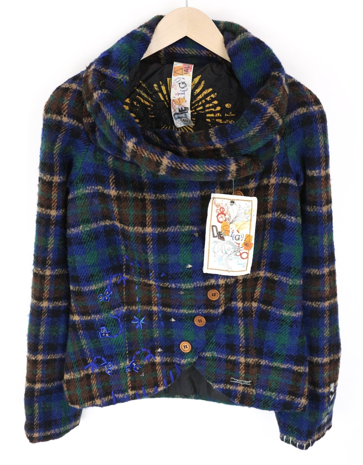 DESIGUAL moteriškas 40 dydžio mėlynas languotas ilgomis rankovėmis vilnos mišinio vienaeilis švarkas 