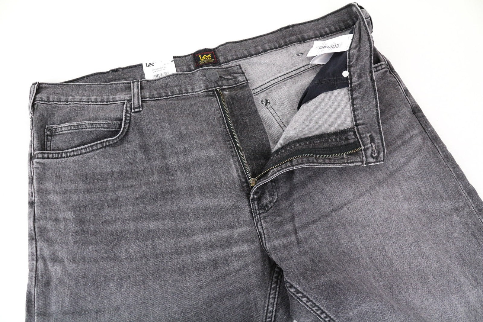 LEE Rider vyriški W40/L32 pilki ploni džinsai su 5 kišenėmis, skalbtos tamprios medvilnės audinys 