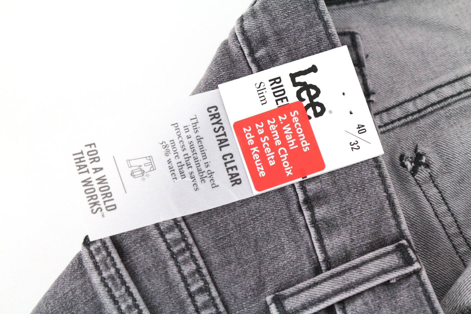 LEE Rider vyriški W40/L32 pilki ploni džinsai su 5 kišenėmis, skalbtos tamprios medvilnės audinys 