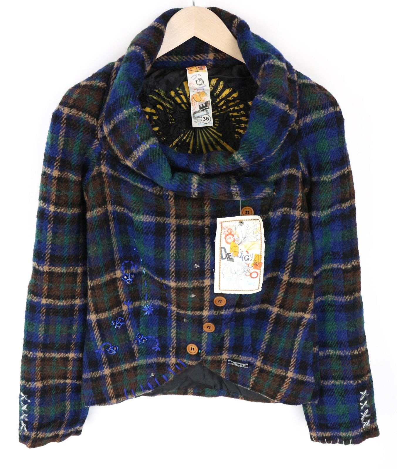 DESIGUAL moteriškas 36 mėlynas languotas vilnos mišinio ilgomis rankovėmis vienaeilis švarkas 