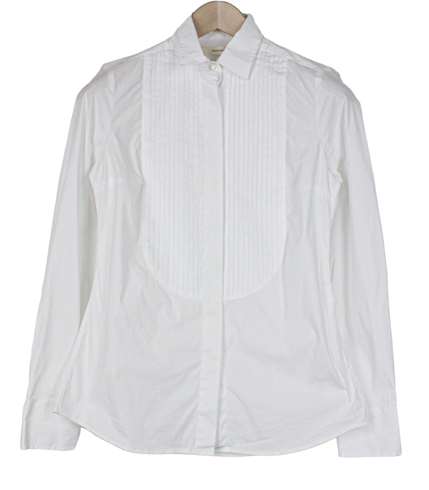 SUISTUDIO Dexter moteriški 36R balti medvilnės mišinio tamprūs marškinėliai ilgomis rankovėmis 