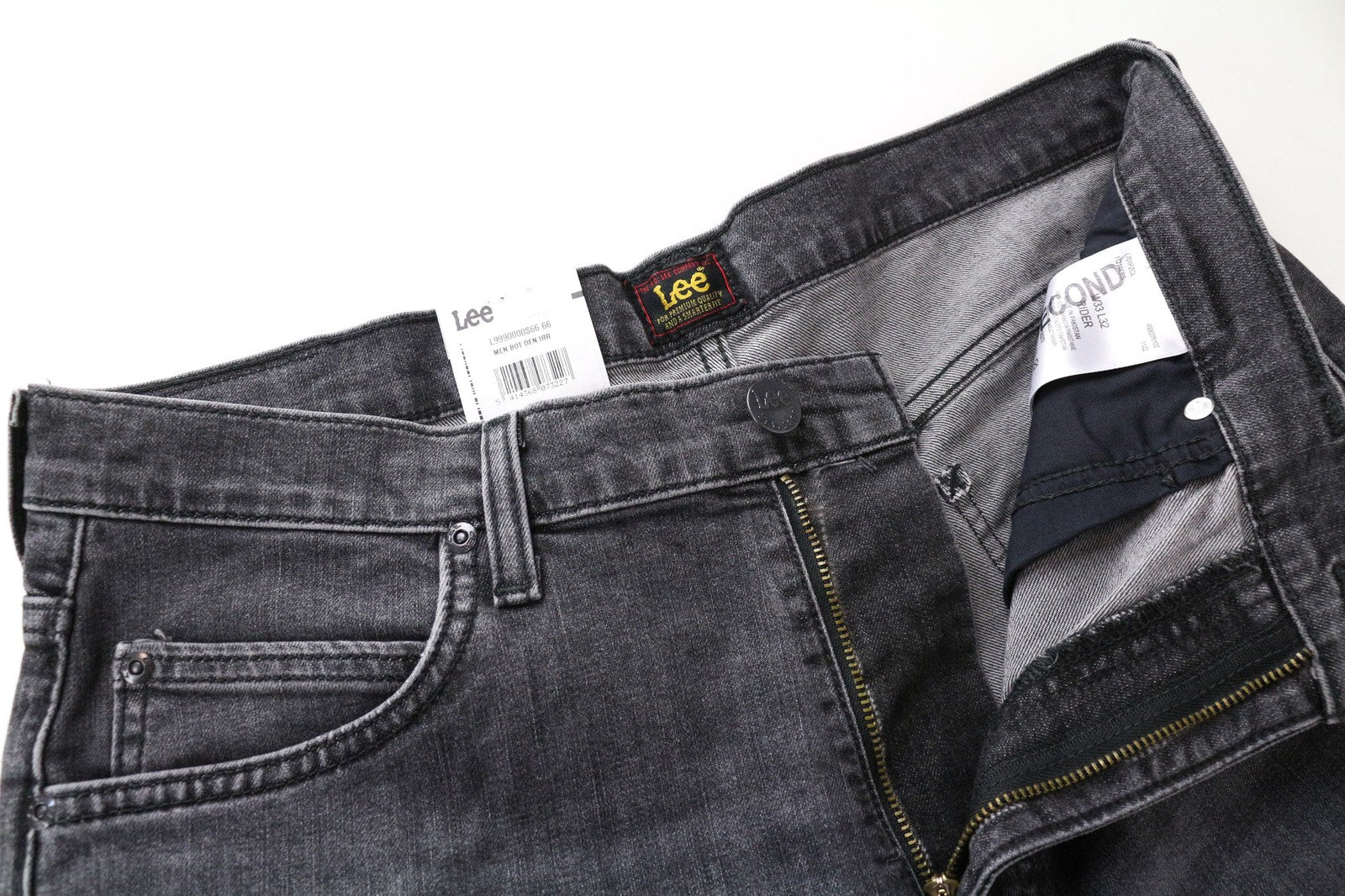 LEE Rider vyriški W33/L32 pilki ploni medvilniniai tamprūs džinsai su 5 kišenėmis 