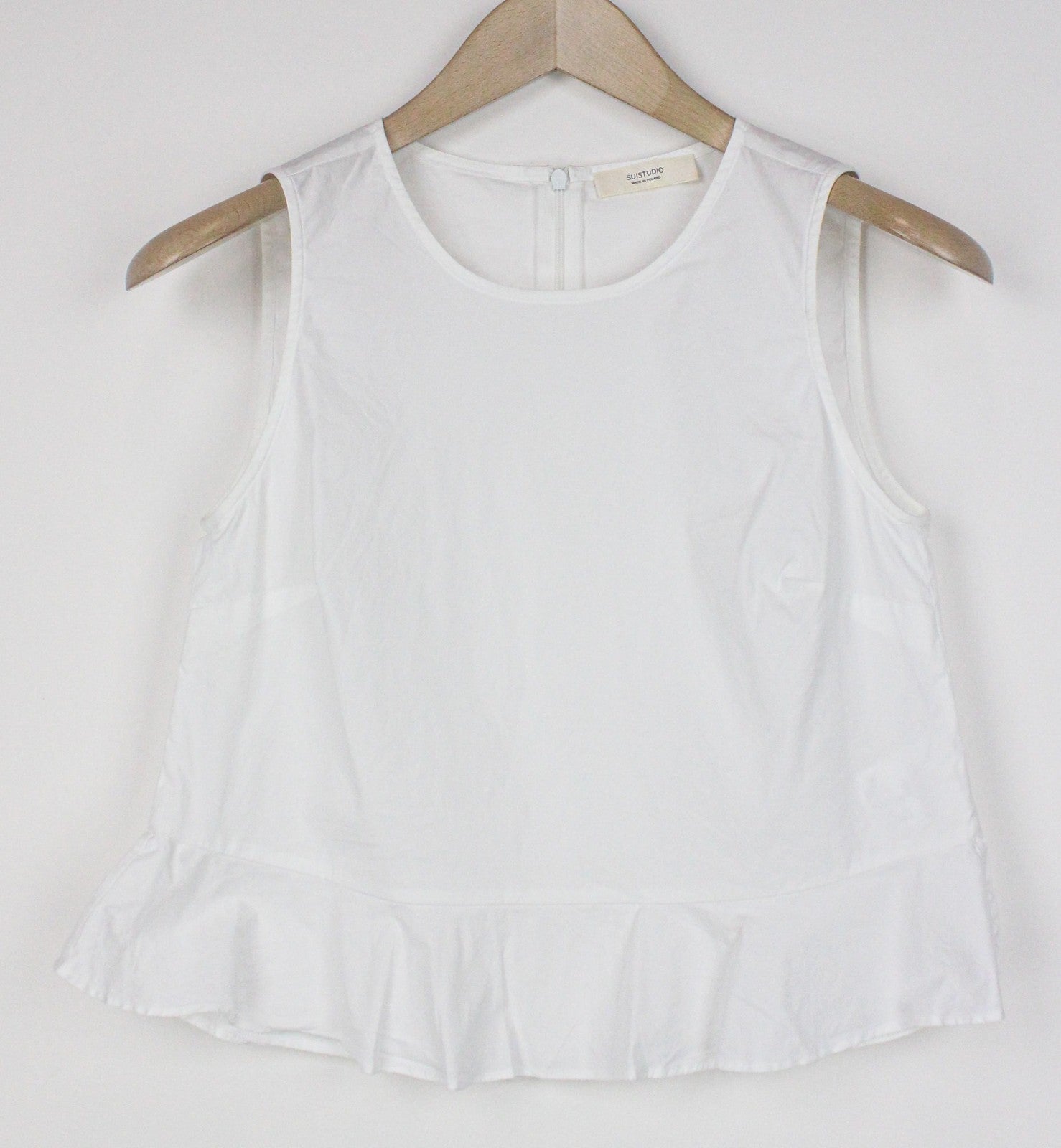 SUISTUDIO moteriška 34R balta berankovė medvilninio mišinio tampri palaidinė su užtrauktuku nugaroje 