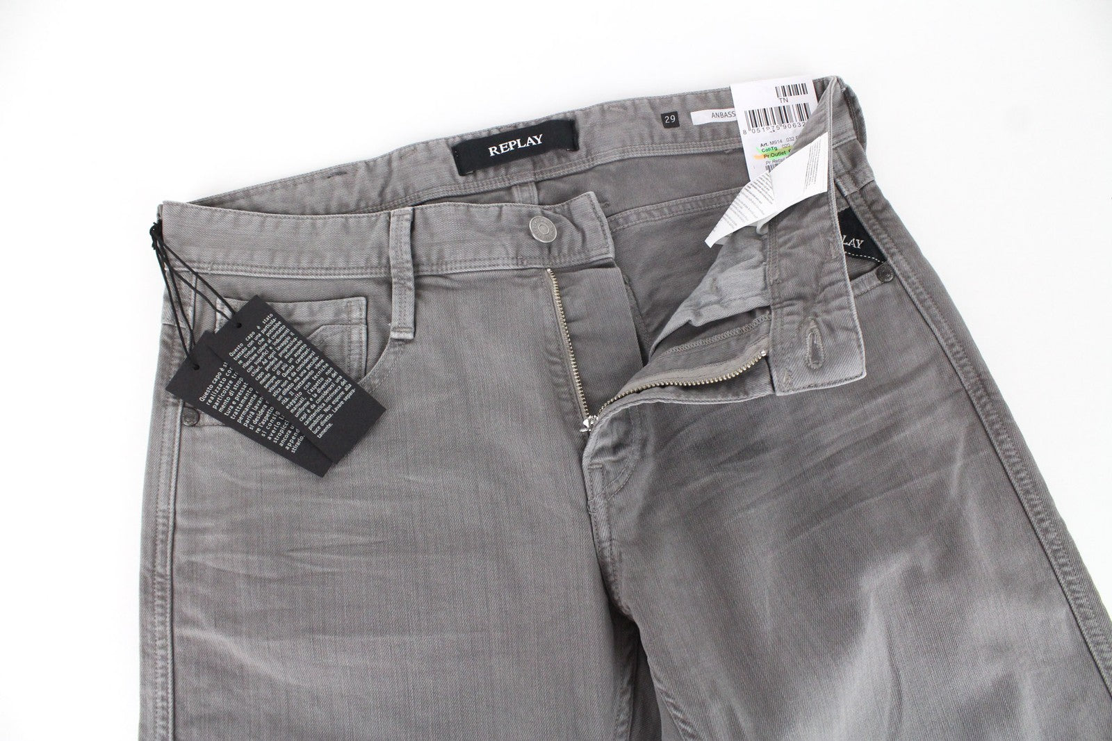 REPLAY Anbass vyriški džinsai W29/L32 pilki, prigludę, tamprūs medvilnės mišinio džinsai su užtrauktuku 