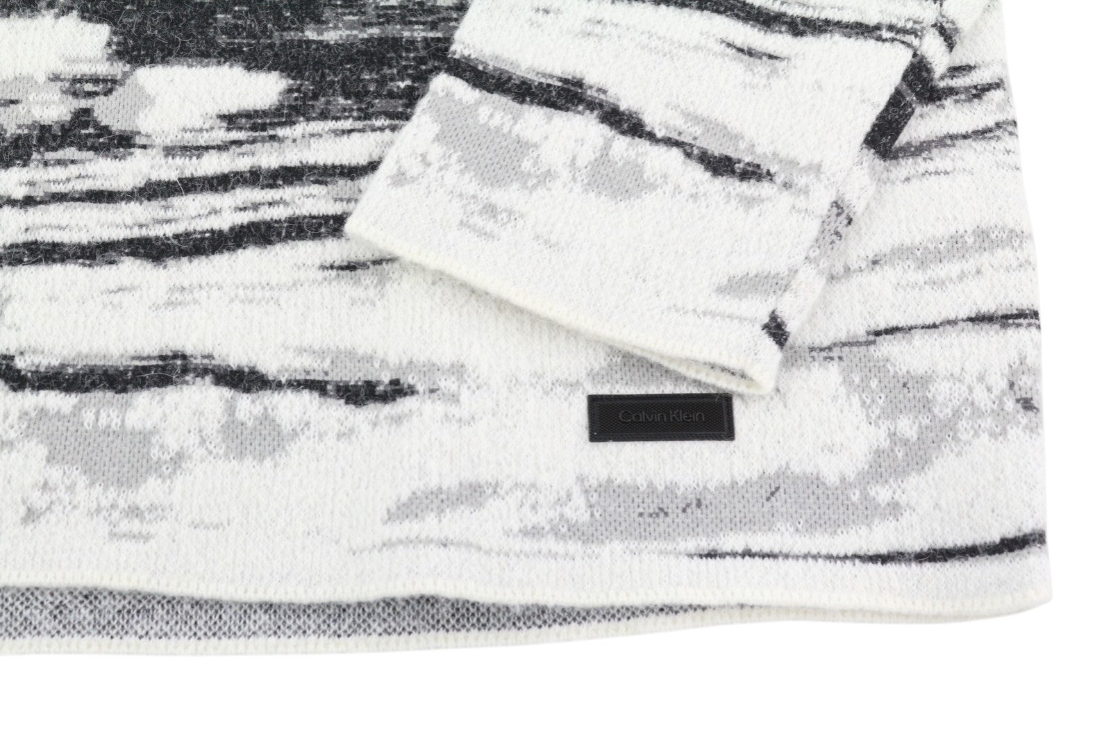 CALVIN KLEIN Abstract Jacquard vyriškas megztinis S dydis Pilkas vilnos ir alpakų mišinio megztinis 