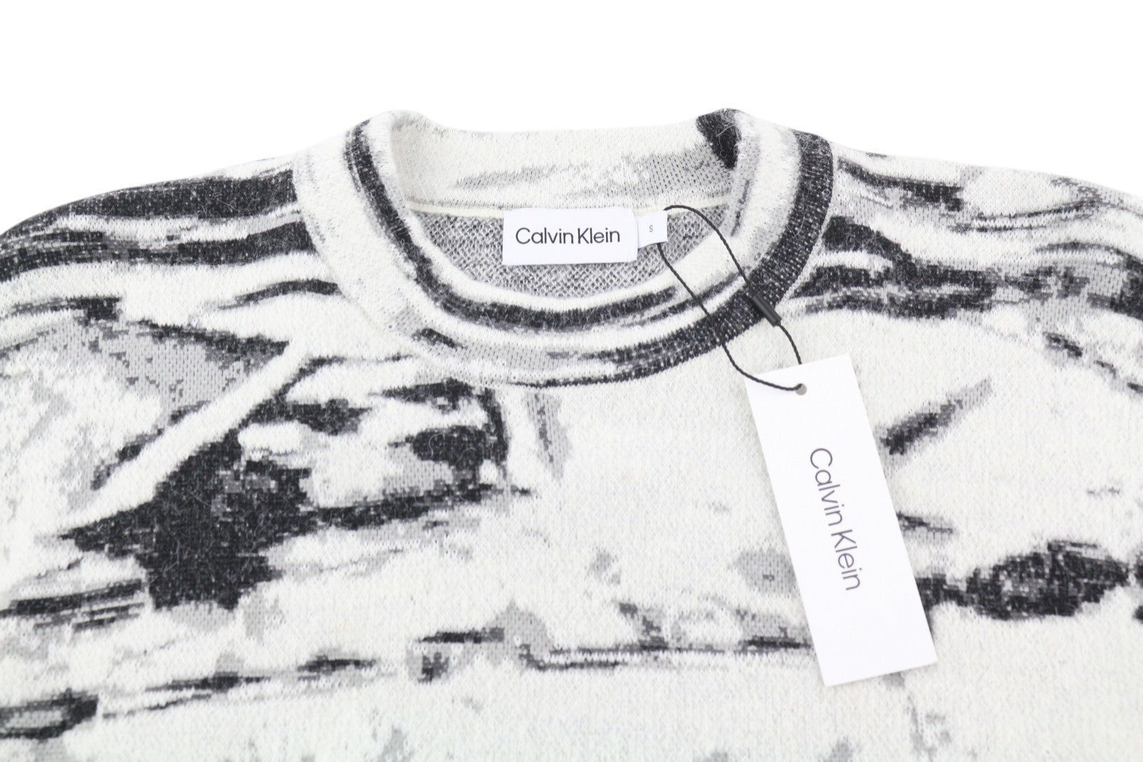 CALVIN KLEIN Abstract Jacquard vyriškas megztinis S dydis Pilkas vilnos ir alpakų mišinio megztinis 