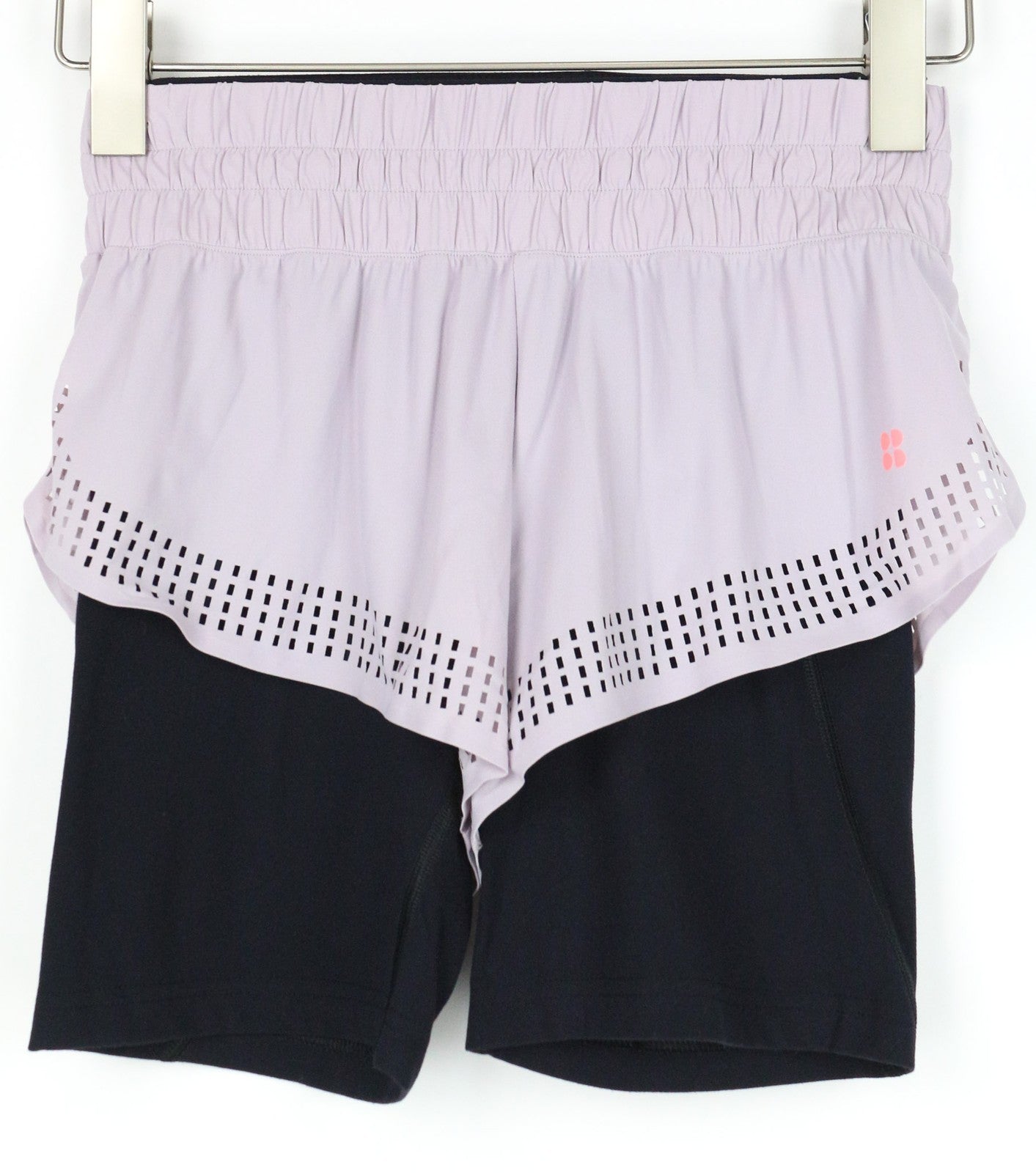 SWEATY BETTY Aerial 2in1 moteriški šortai XS dydžio, violetiniai, sluoksniuoti, tamprūs, sportiniai šokių šortai 