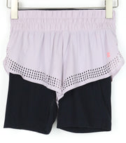 SWEATY BETTY Aerial 2in1 moteriški šortai XS dydžio, violetiniai, sluoksniuoti, tamprūs, sportiniai šokių šortai 