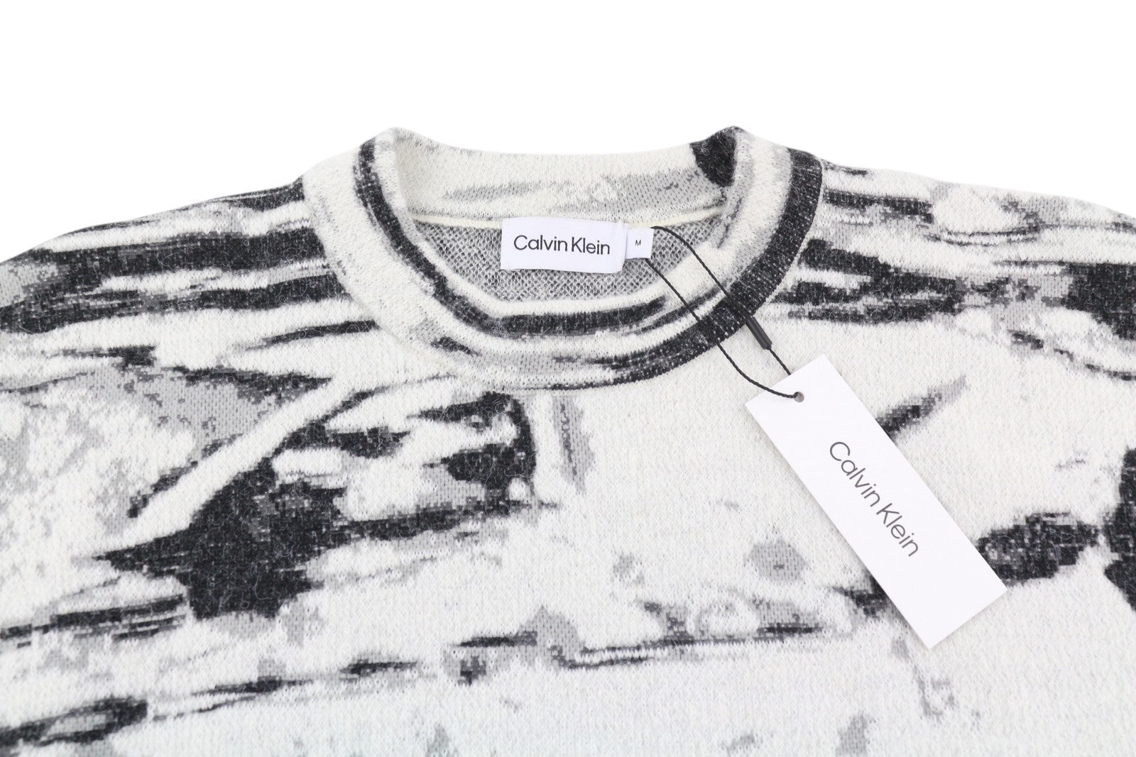 CALVIN KLEIN Abstract Jacquard vyriškas megztinis M pilkas vilnos ir alpakos mišinio megztinis 