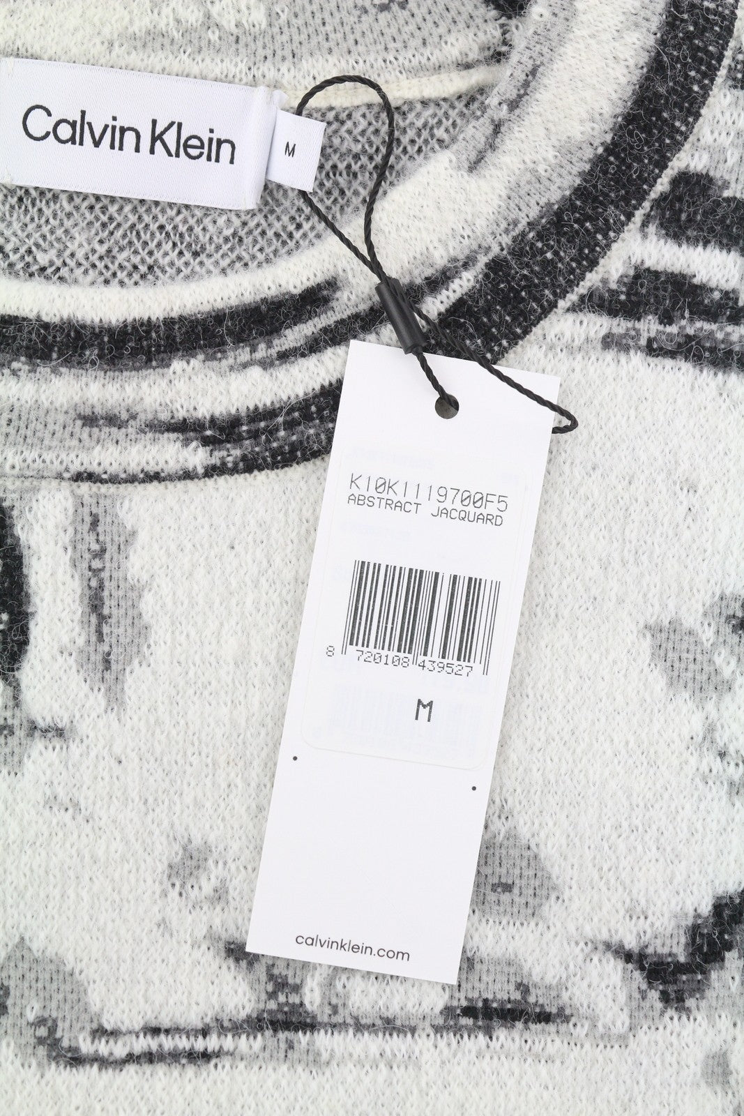 CALVIN KLEIN Abstract Jacquard vyriškas megztinis M pilkas vilnos ir alpakos mišinio megztinis 