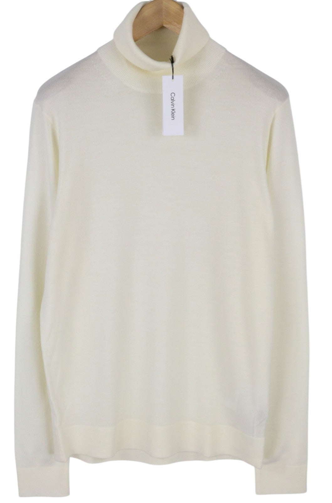 CALVIN KLEIN Merino Rws Turtle vyriškas megztinis L baltas megztinis su logotipu RRP189