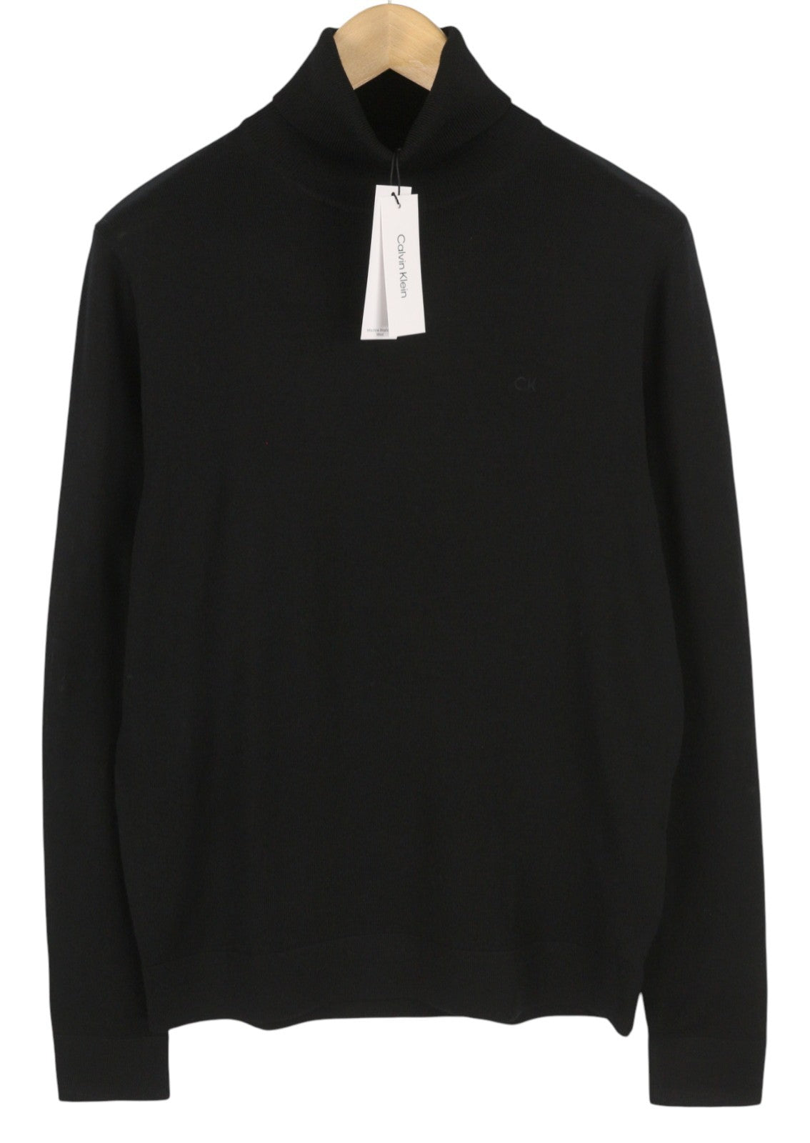 CALVIN KLEIN Merino Rws Turtle vyriškas megztinis M, juodas, megztas logotipu, rekomenduojama kaina – 189 USD 