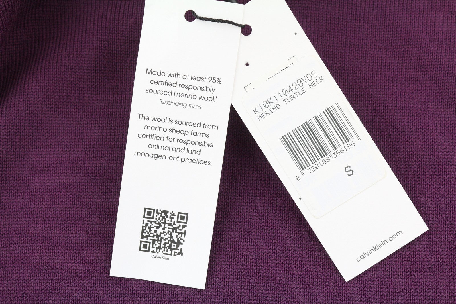 CALVIN KLEIN merino vilnos megztinis su gobtuvu, S dydis, violetinė, megztas, RRP 189 USD 