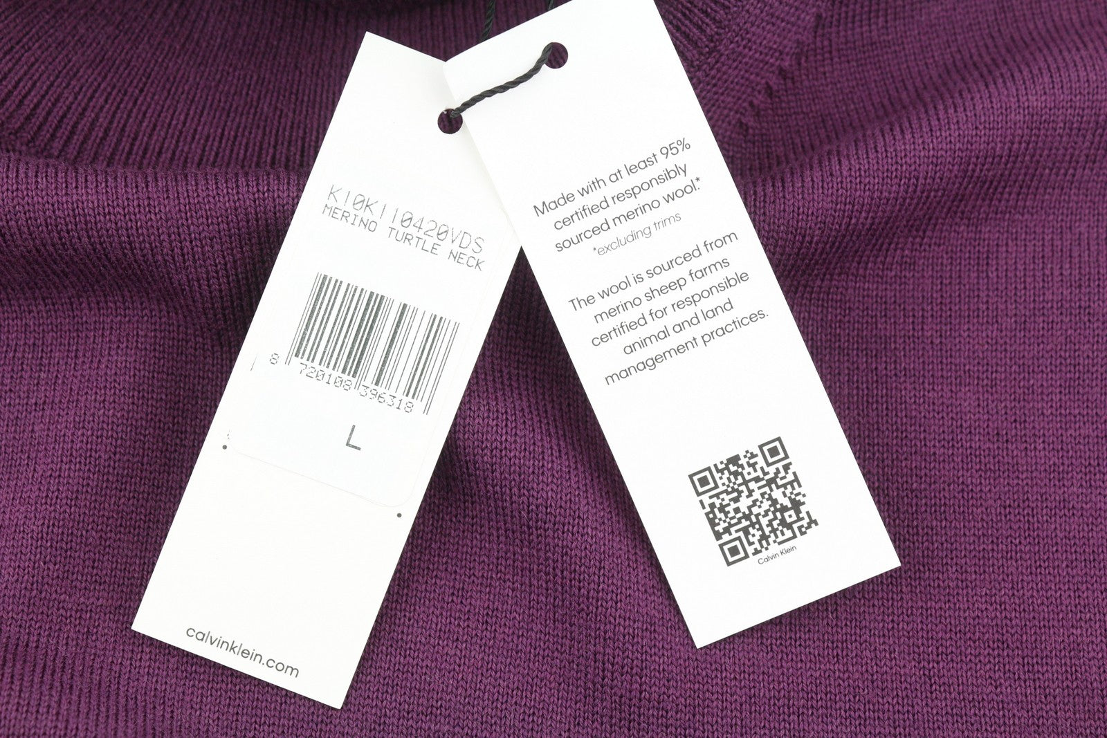CALVIN KLEIN merino vilnos megztinis su gobtuvu, L dydžio, violetinis, megztas, RRP 189 USD 