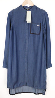 SWEATY BETTY Kvasir Luxe moteriška suknelė S ilgio, marškinių stiliaus, džinsinio midi melanžo spalvos 