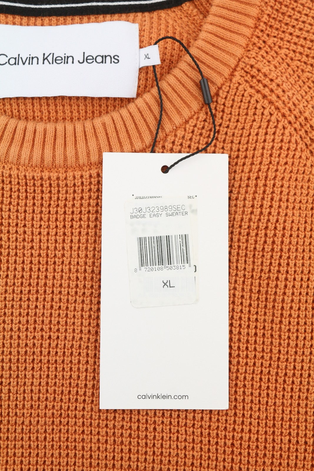 CALVIN KLEIN Badge Easy vyriškas megztinis XL dydžio oranžinis medvilninis vaflinis megztinis su apvalia juostele 