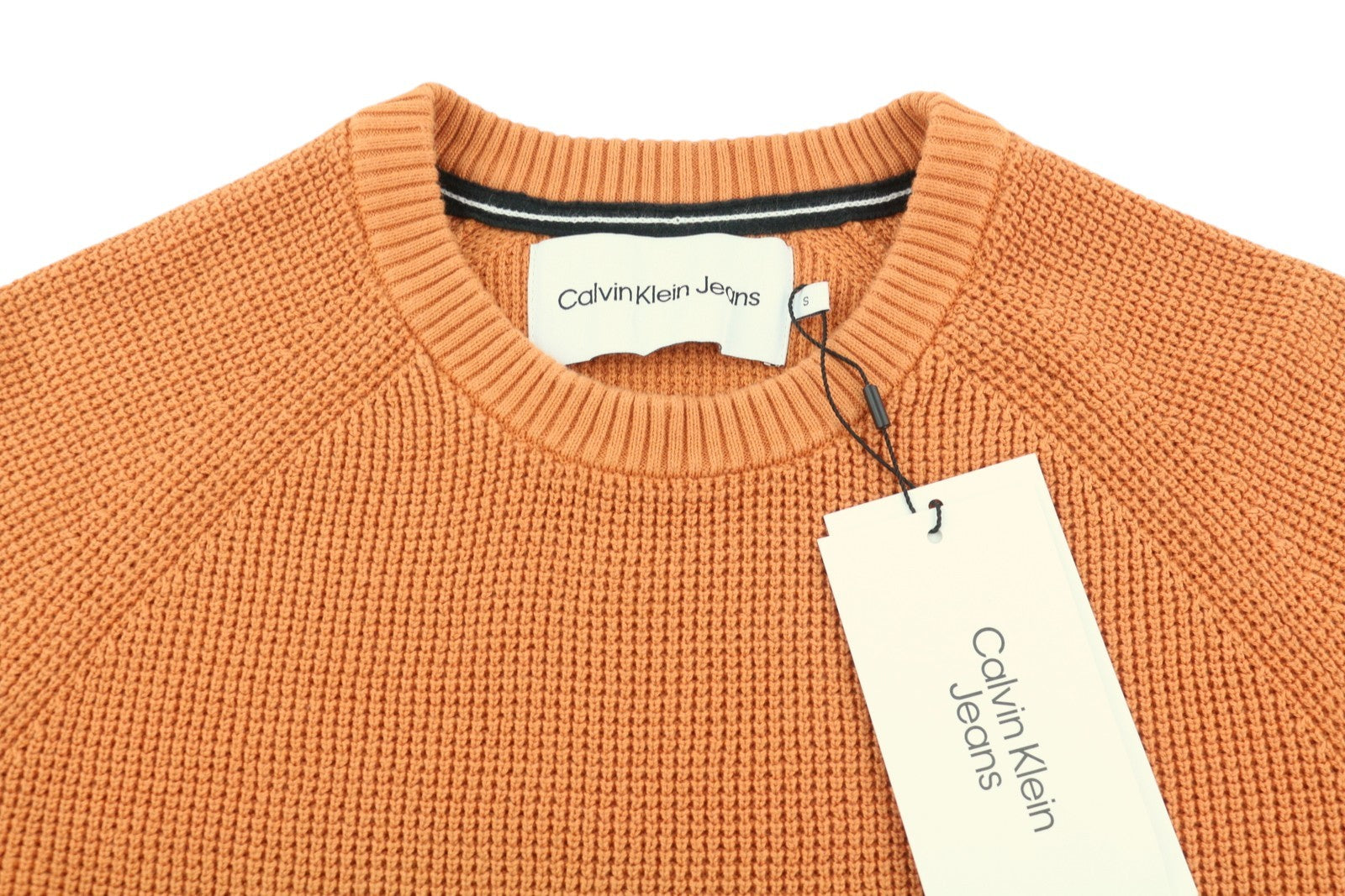 CALVIN KLEIN Badge Easy vyriškas megztinis S oranžinis medvilninis vaflinis megztinis su apvalia juostele 