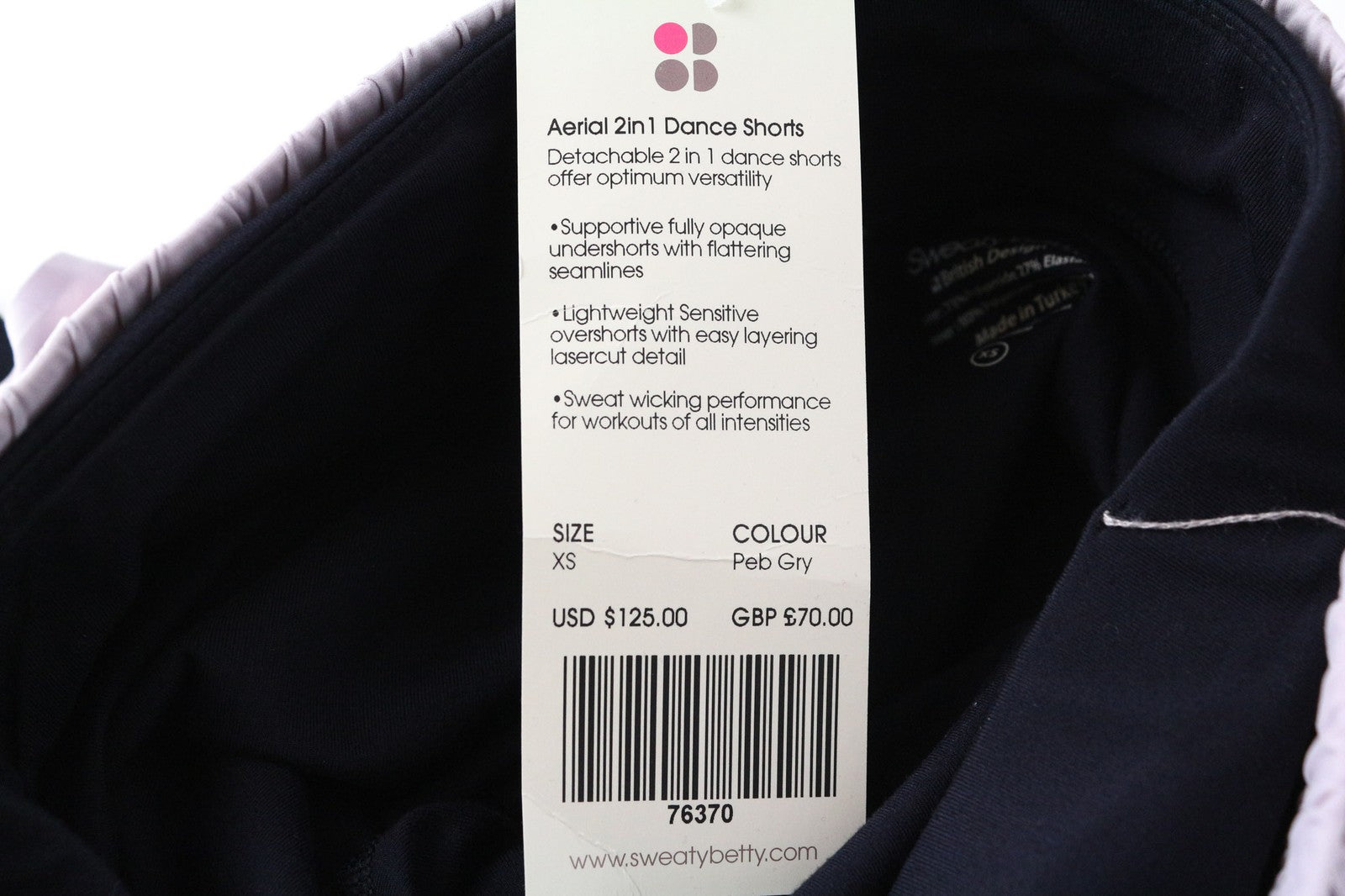 SWEATY BETTY Aerial 2in1 šortai XS dydžio, violetiniai, tamprūs, sportui, šokiams 