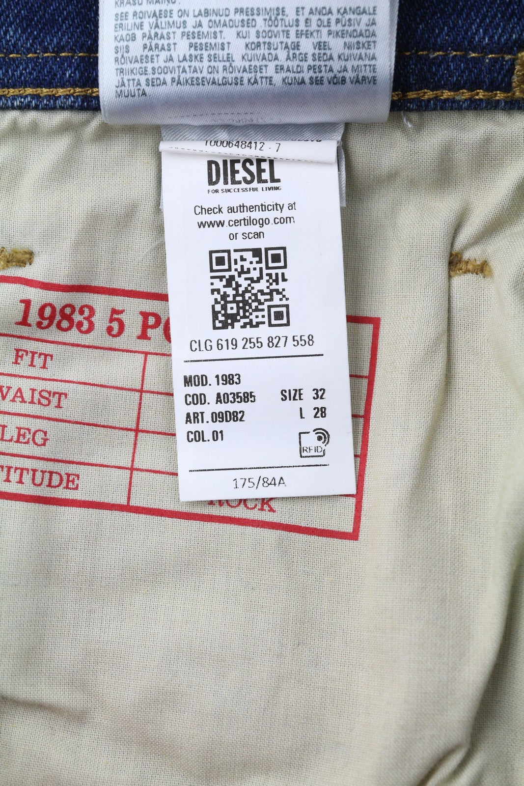 DIESEL 1983 09D82 vyriški džinsai W32/L28 mėlyni, išblukę, aptempti, aukštu juosmeniu, užtrauktuku. 