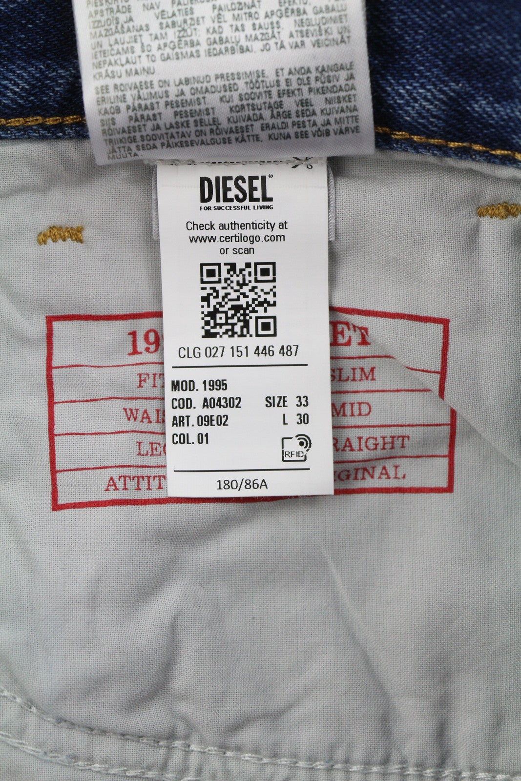 DIESEL 1995 09E02 Men Jeans W33/L30 Blue Distress Ripped Slim Straight RRP$375