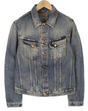 NUDIE JEANS Billy vyriška striukė M su blizgančiomis indigo sagomis ir plėšytomis akimis, mėlyna 