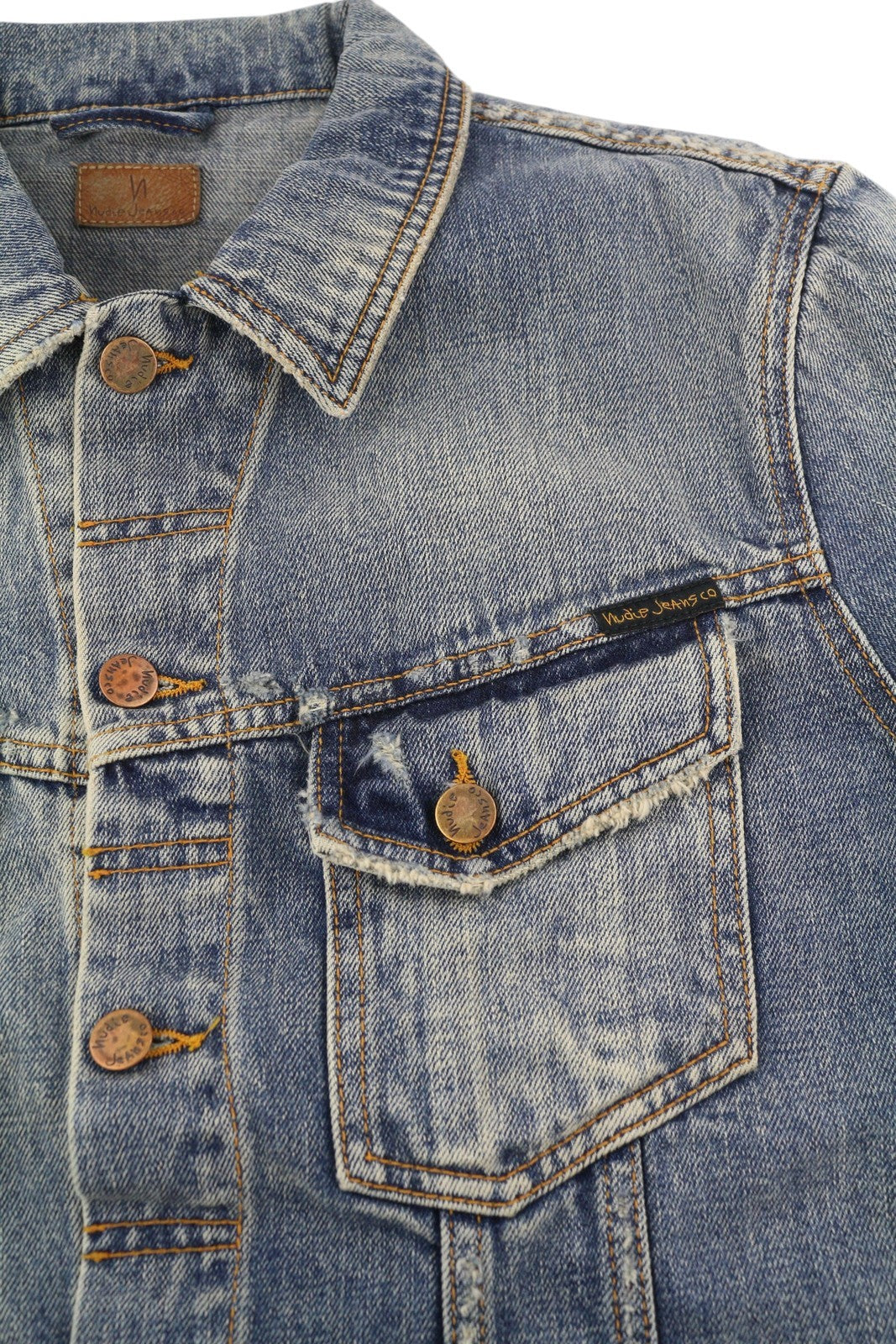 NUDIE JEANS Billy vyriška striukė M su blizgančiomis indigo sagomis ir plėšytomis akimis, mėlyna 