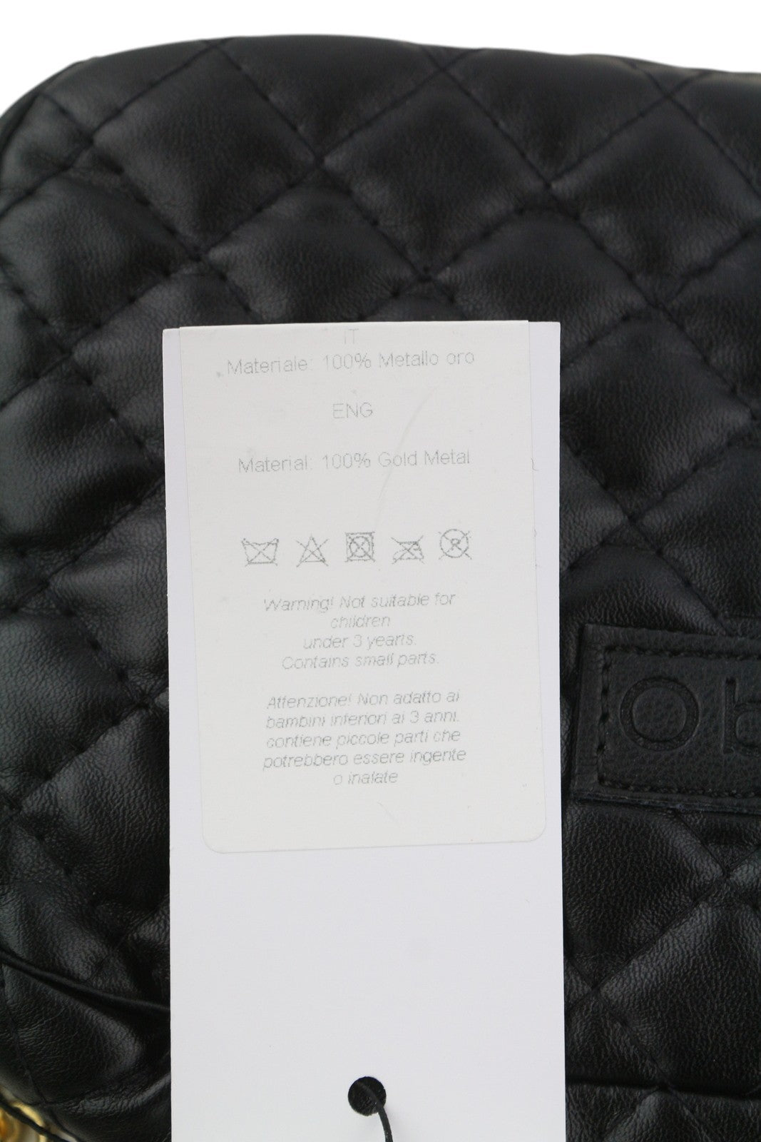 O BAG moteriškas krepšys su papildoma kišene OS juodai dengta dygsniuota aukso spalvos grandinėle per petį 