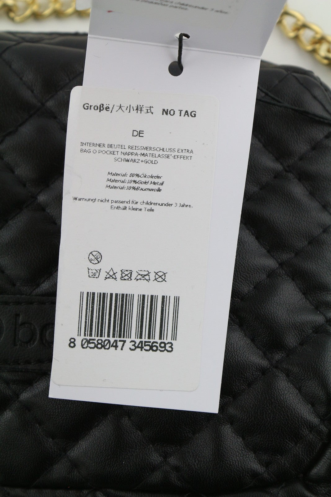 O BAG moteriškas krepšys su papildoma kišene OS juodai dengta dygsniuota aukso spalvos grandinėle per petį 