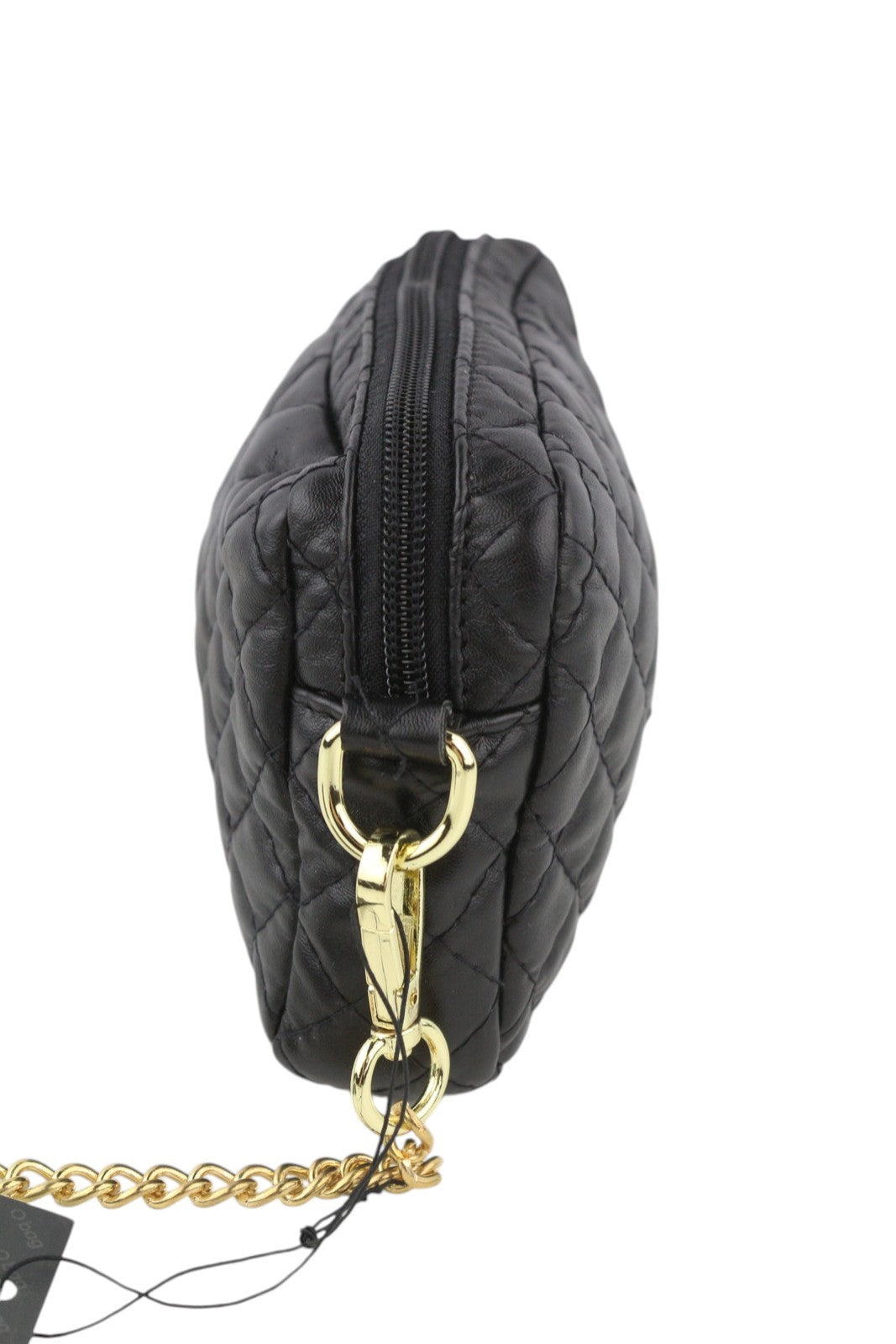 O BAG moteriškas krepšys su papildoma kišene OS juodai dengta dygsniuota aukso spalvos grandinėle per petį 