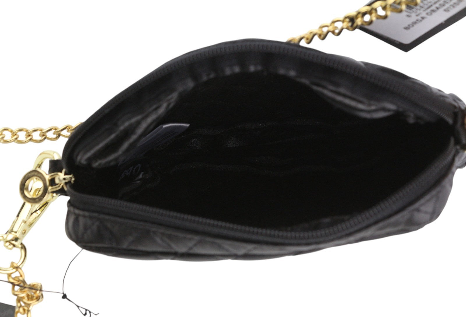 O BAG moteriškas krepšys su papildoma kišene OS juodai dengta dygsniuota aukso spalvos grandinėle per petį 