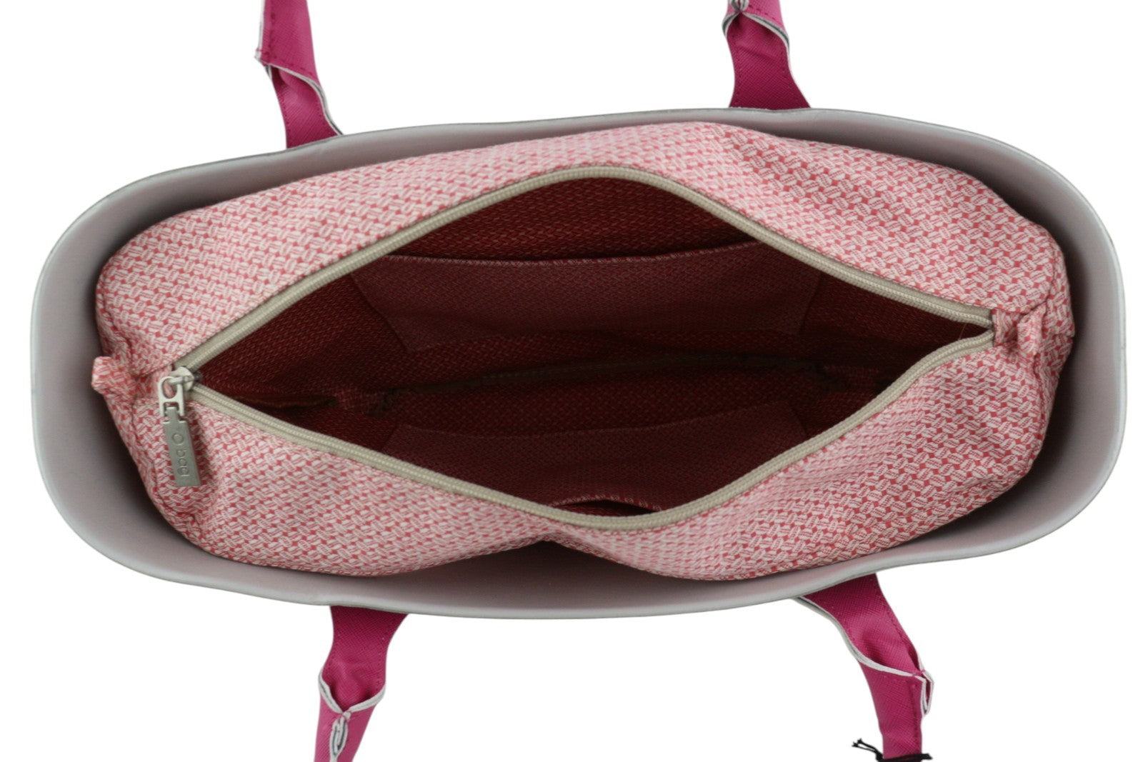 O BAG moteriškas krepšys OS pilkas minkštas vidinis krepšys su užtrauktuku, dvigubomis rankenomis, kvadratiniu logotipu, laisvalaikio stiliaus. 