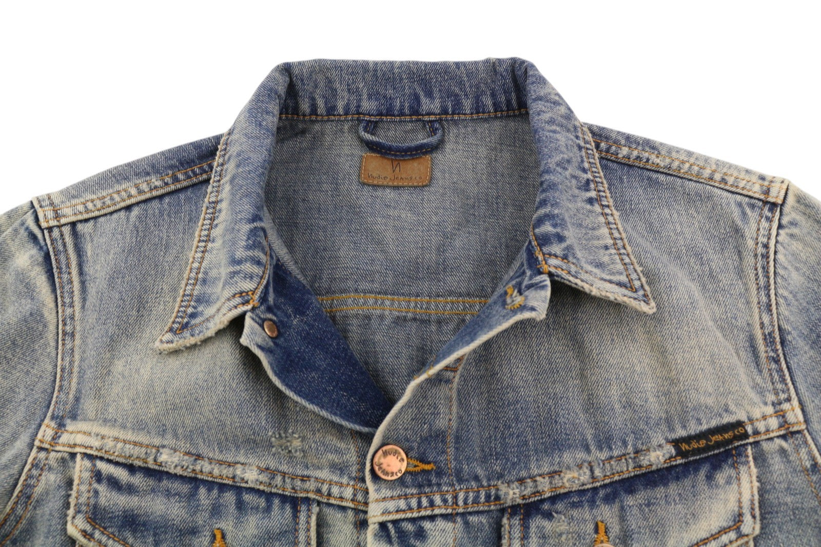 NUDIE JEANS Billy Men Jacket M Shimmering Indigo Button Washed Ripped Distress