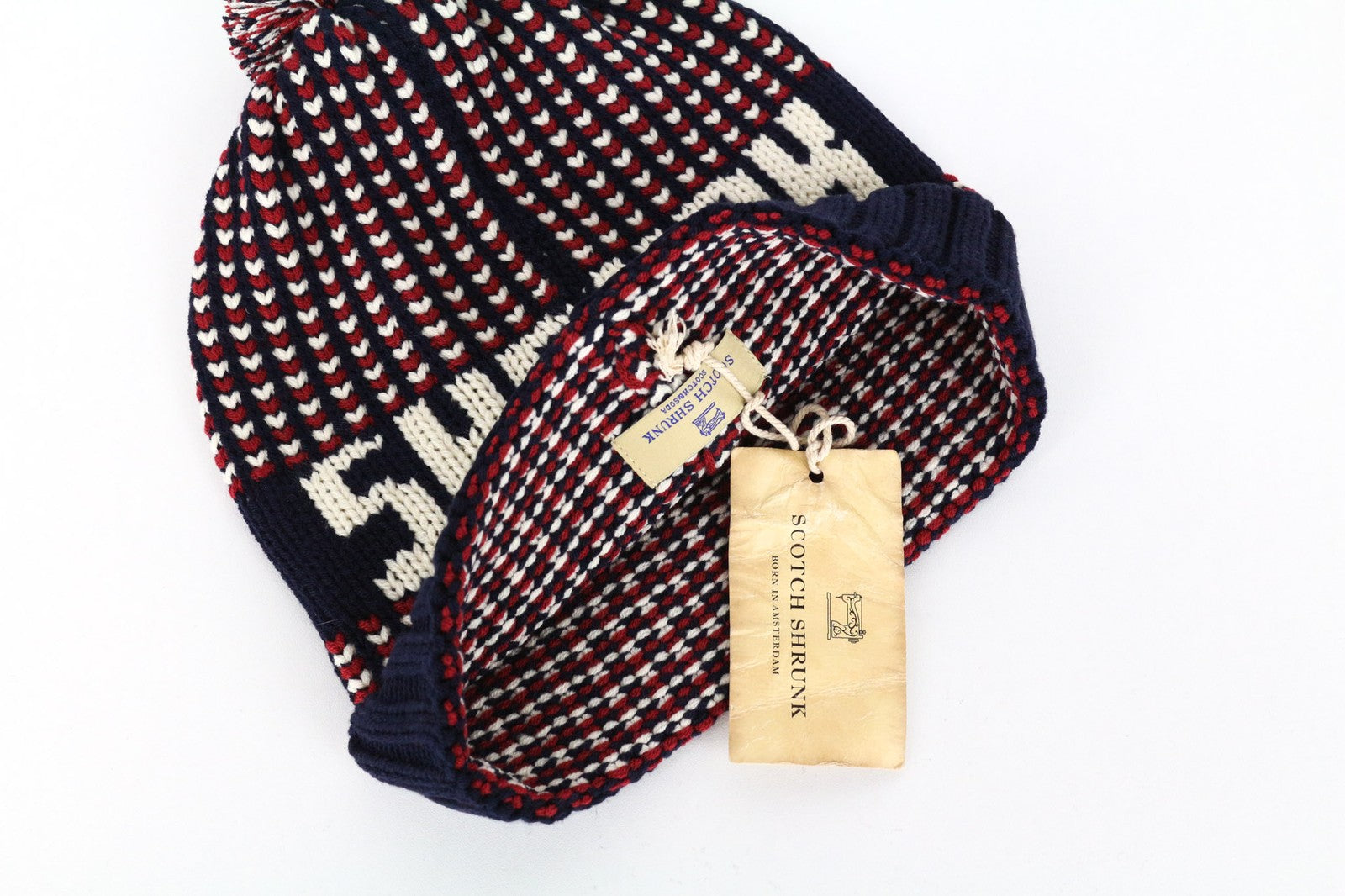 SCOTCH SHRUNK berniukiška kepurė su bumbulais, raudona, tamsiai mėlyna, raštuota, megzta kepurė su bumbulais M dydžio 