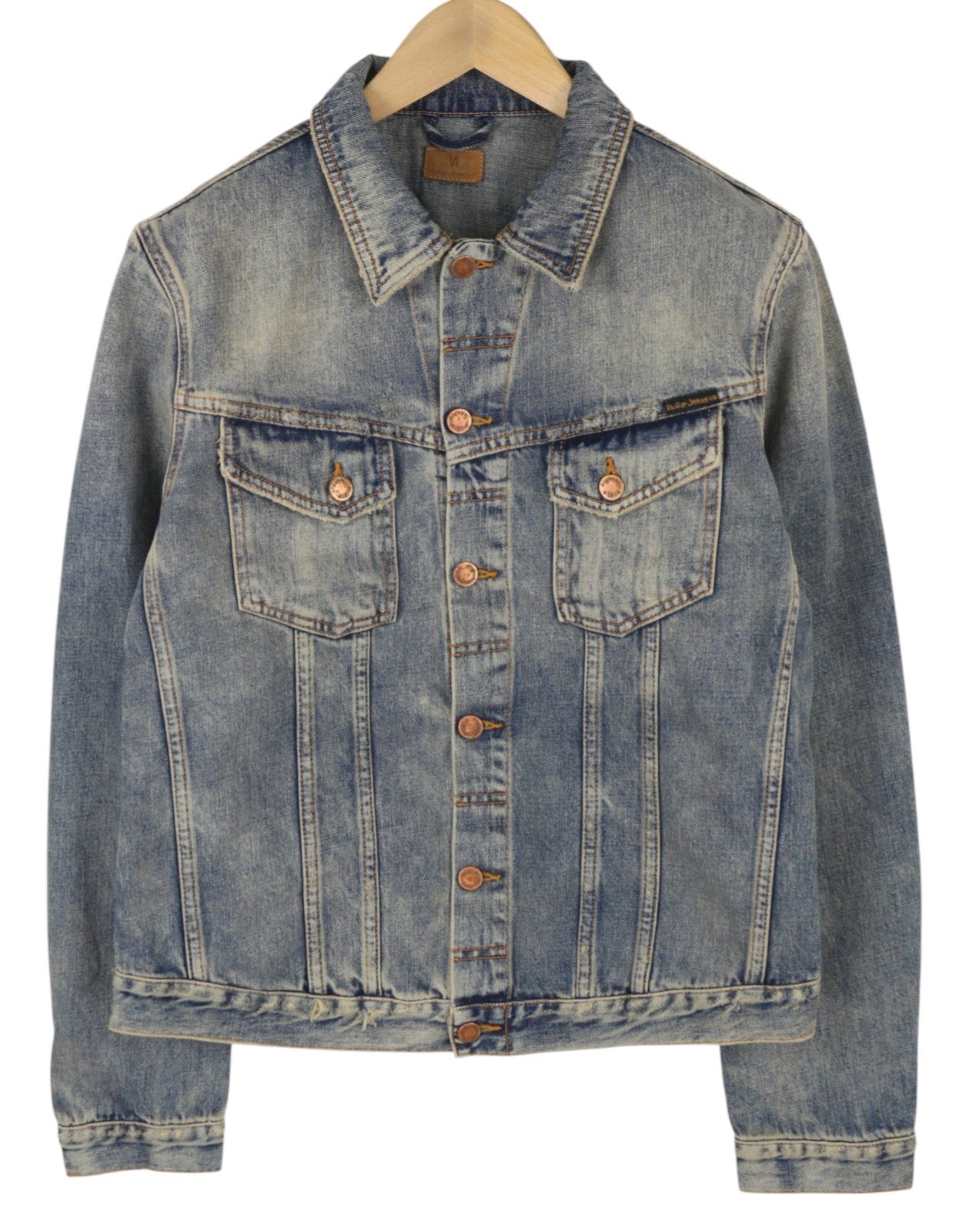 NUDIE JEANS Billy Men Jacket L Shimmering Indigo Buttoned Distress Faded Denim