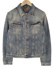 NUDIE JEANS Billy Men Jacket L Shimmering Indigo Buttoned Distress Faded Denim