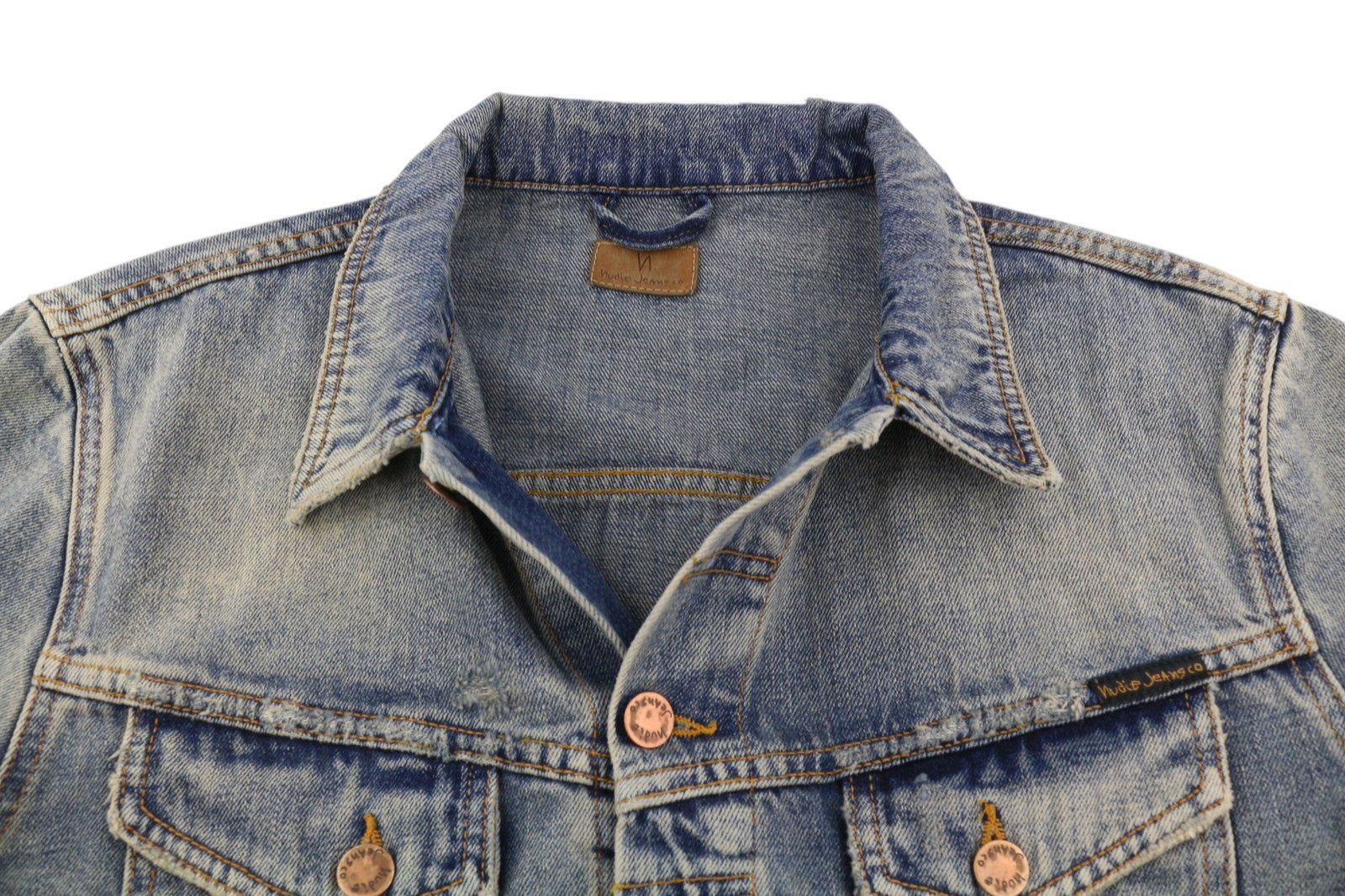 NUDIE JEANS Billy Men Jacket L Shimmering Indigo Buttoned Distress Faded Denim