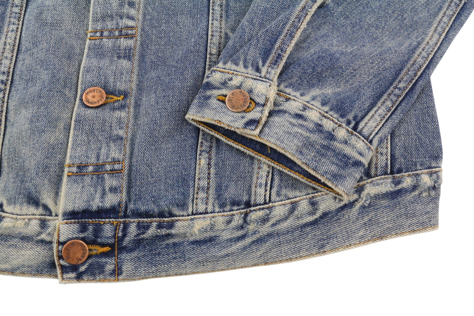 NUDIE JEANS Billy Men Jacket L Shimmering Indigo Buttoned Distress Faded Denim