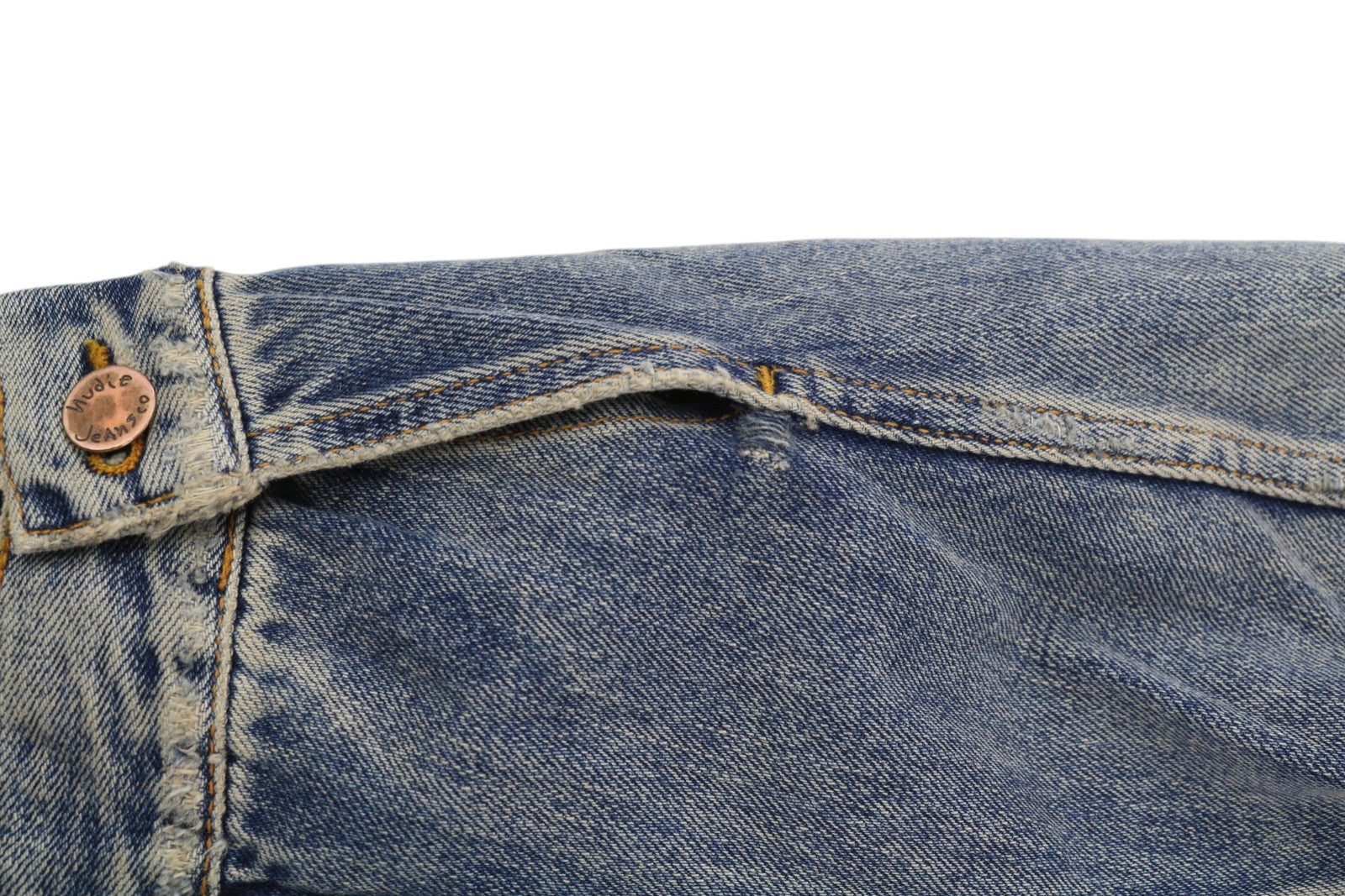 NUDIE JEANS Billy Men Jacket L Shimmering Indigo Buttoned Distress Faded Denim